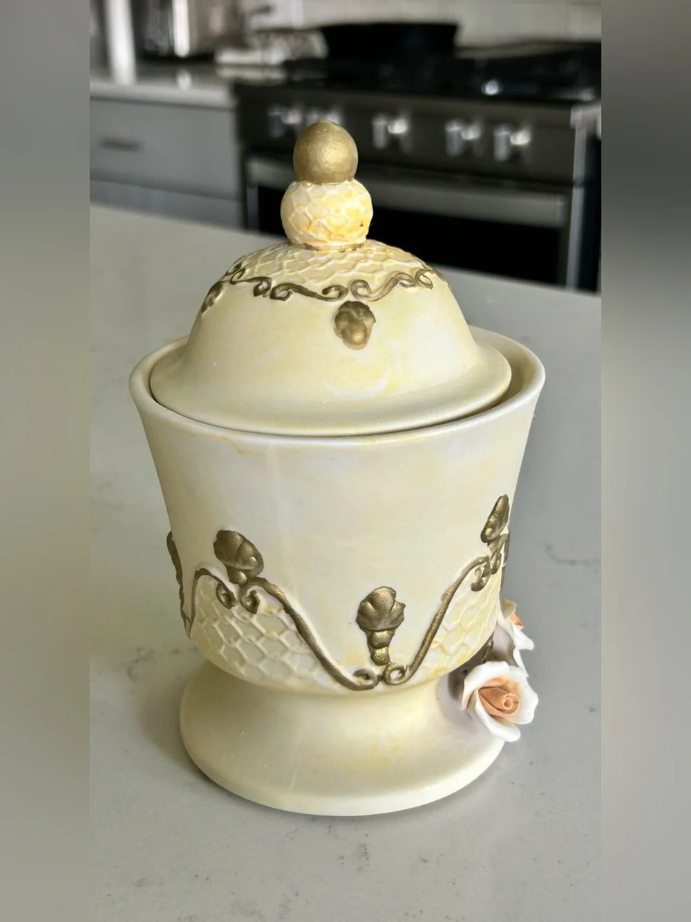 Yellow Porcelain Bisque Vintage Capodimonte Lidded Jar with Gold Trim